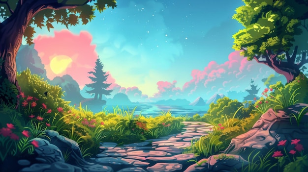 Beautiful scenic path leading towards a sunset in a vibrant fantasy landscape with lush greenery and colorful sky