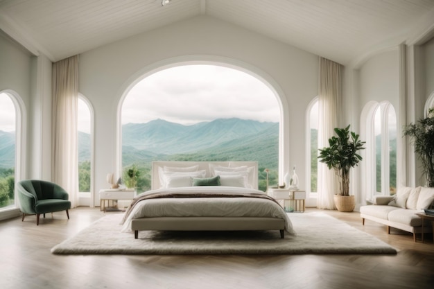 Beautiful scenic view from the window of a bright bedroom White interior design hotel resort mountains and nature