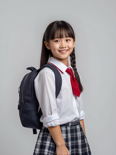 A beautiful school girl wareing school uniform with backpack on solid white color background