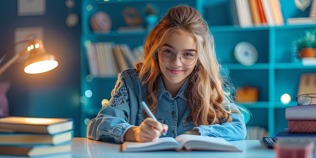 Beautiful schoolgirl in a shirt wearing glasses writing in a notebook near books a lamp on the table smiling on a blue background