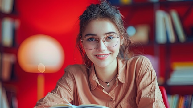 Beautiful schoolgirl in a shirt wearing glasses writing in a notebook near books a lamp on the table smiling on a red background