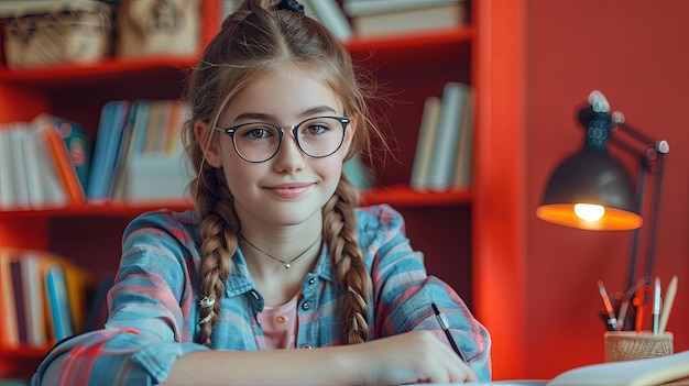 Beautiful schoolgirl in a shirt wearing glasses writing in a notebook near books a lamp on the table smiling on a red background