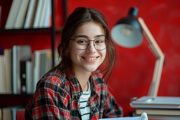 Beautiful schoolgirl in a shirt wearing glasses writing in a notebook near books a lamp on the table smiling on a red background