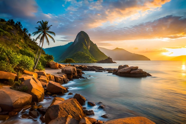 A Beautiful sea beach with sunset background ocean waves crashing on shore during daytime