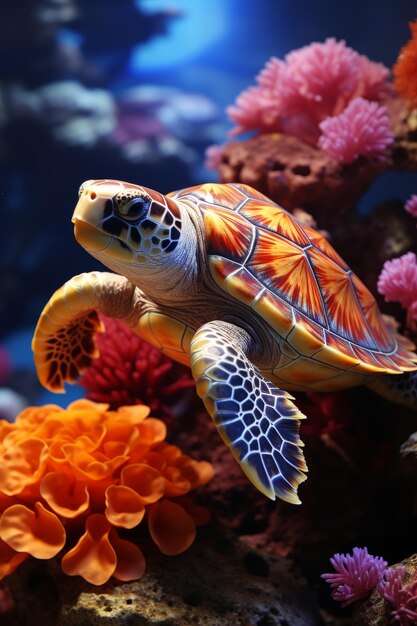 Beautiful sea turtle in the ocean swimming among the corals International Turtle Day