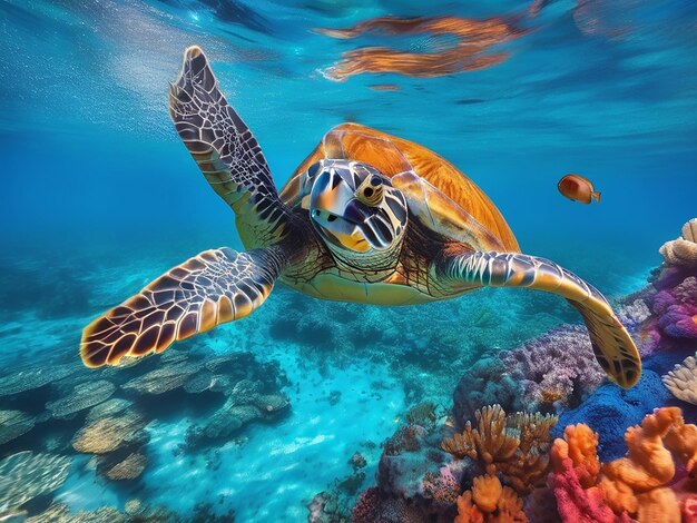 A beautiful sea turtle swimming in the colorful coral reef