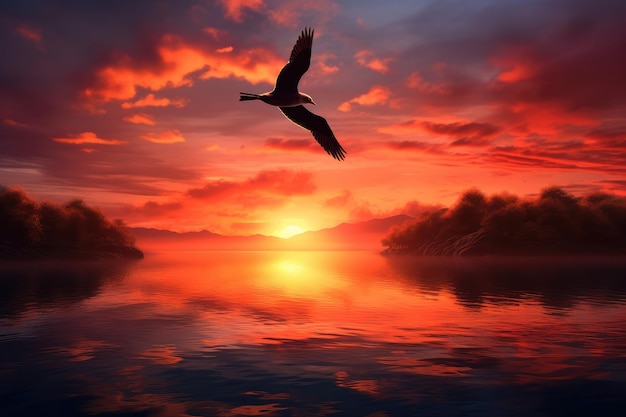 Beautiful seagull flying in the sunset over the lake