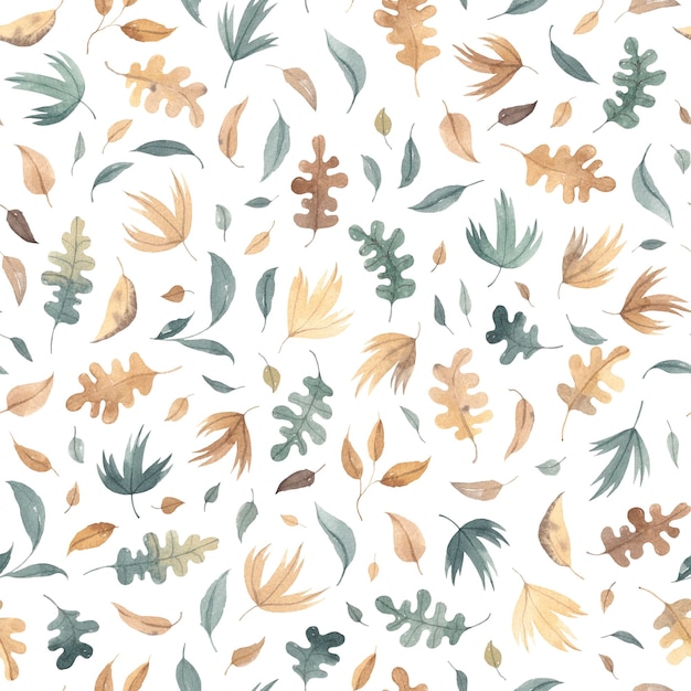 Beautiful seamless autumn pattern with watercolor colorful maple oak and other leaves