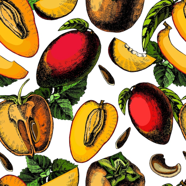 Beautiful seamless pattern with exotic fruits mango and persimmon