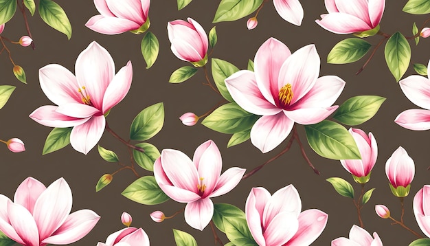 Photo beautiful seamless pattern with hand drawn watercolor gentle white and pink magnolia flowers stock