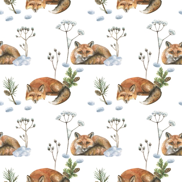 Beautiful seamless pattern with watercolor hand drawn wild fox animals, as well as forest .