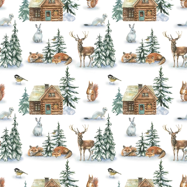 Beautiful seamless winter pattern with wild animals deer, hare, weasel, squirrel, snowy fir trees