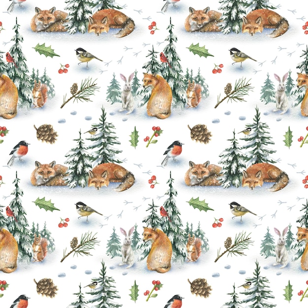 Beautiful seamless winter pattern with wild animals fox, tit, bullfinch and snow fir trees