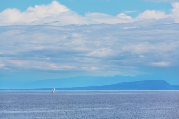 Beautiful seascape along Pacific coast of British Columbia, Canada, with rocky shoreline.