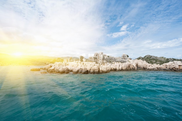 Beautiful seascape rocky coast and turquoise water in the sunlight