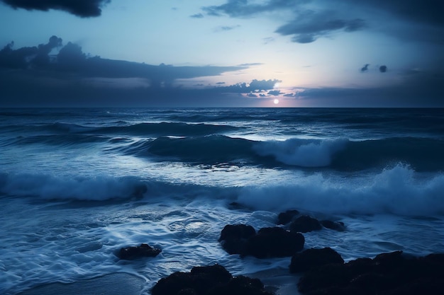 Beautiful seascape at sunset Dramatic sky and waves