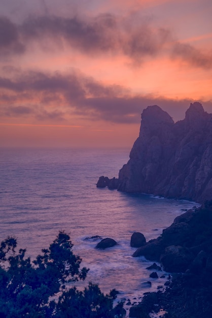 Beautiful seascape at sunset with clouds in the sky In the foreground are dark branches of trees