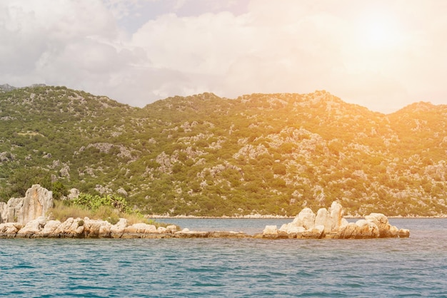 Beautiful seascape water and rocks in the sunlight