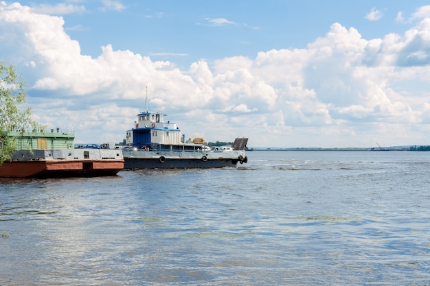 Beautiful seascape with barge, copy space. Travel by sea