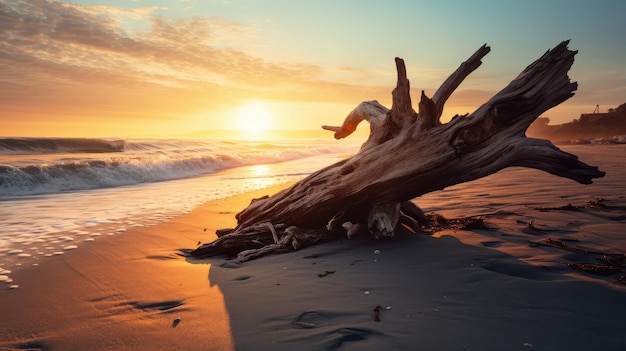 Beautiful seascape with driftwood on the beach at sunset