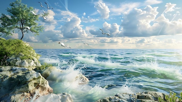 Photo beautiful seascape with mountains and sea 3d rendering