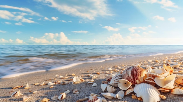 Beautiful seashells scattered beach waves wallpaper AI Generated Image