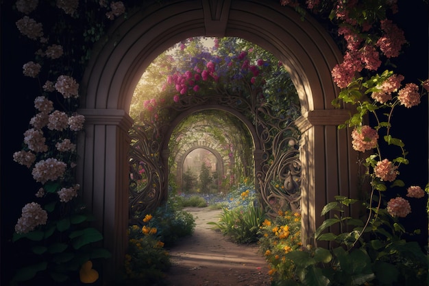 A beautiful secret fairytale garden with flower arches and beautiful tropical forest with colorful vegetation