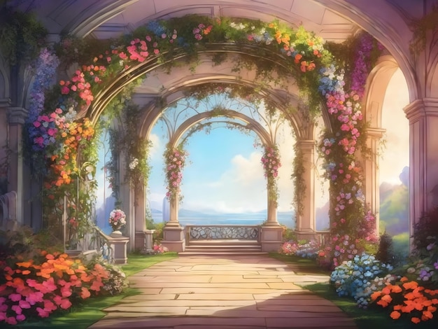 A beautiful secret fairytale garden with flower arches and colorful greenery