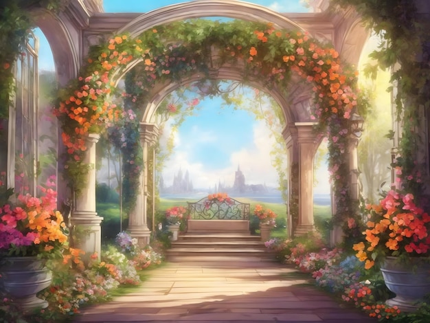 A beautiful secret fairytale garden with flower arches and colorful greenery