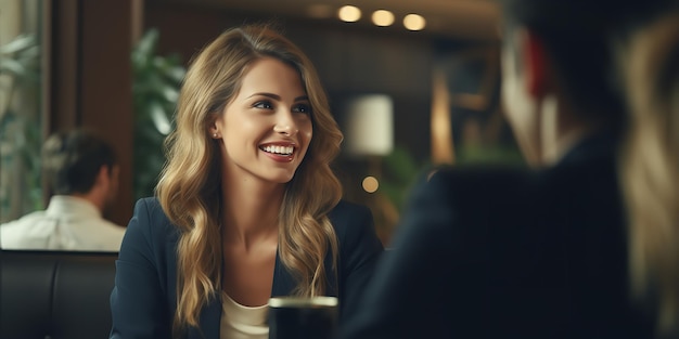 Beautiful selfassured and smiling businesswoman posing at her desk Generative Ai