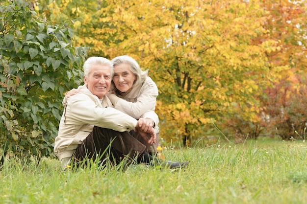 Beautiful senior couple hugging in the park