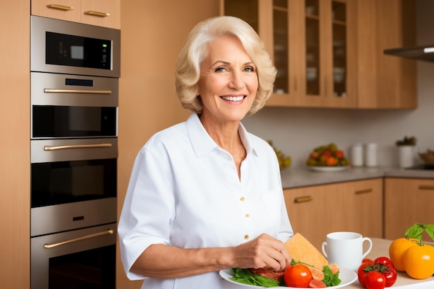 Beautiful senior mature woman preparing healthy and delicious food in kitchen