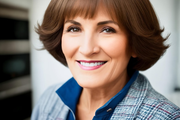 Beautiful senior mature woman preparing healthy and delicious food in kitchen