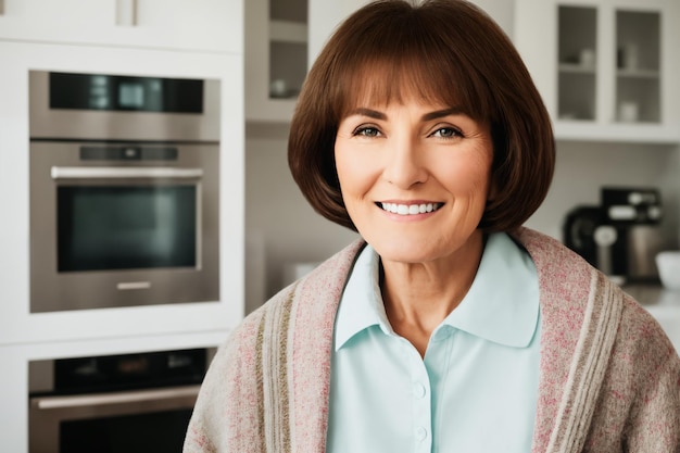 Beautiful senior mature woman preparing healthy food in kitchen