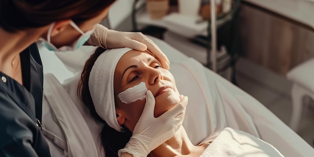 Beautiful senior woman having chemical peeling beauty treatment The expert beautician is applying ch