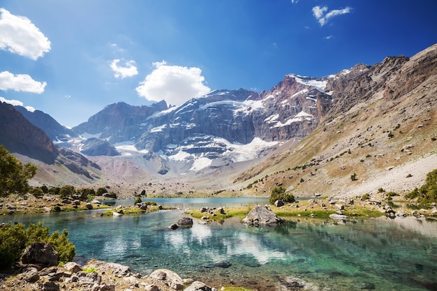 Beautiful serene lake in  Fann mountains (branch of Pamir) in Tajikistan.