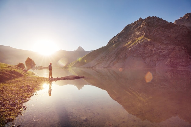 Beautiful serene lake in  Fanns mountains (branch of Pamir) in Tajikistan.