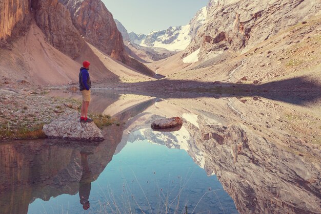 Beautiful serene lake in  Fanns mountains (branch of Pamir) in Tajikistan.