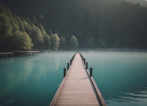 Photo a beautiful serene lake view featuring a wooden pier set within a misty landscape scene