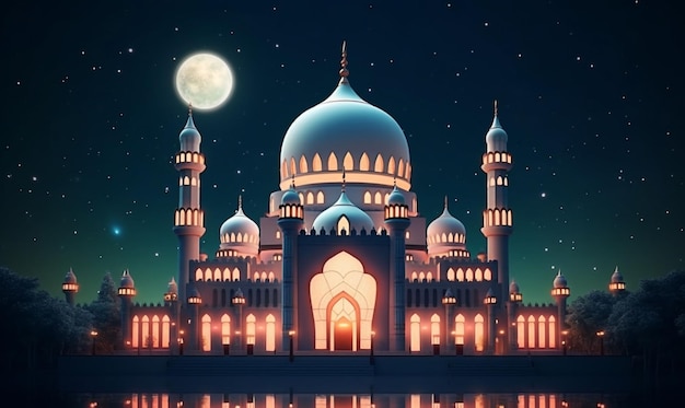 Beautiful serene mosque at night in the blessed month of ramadan generative ai