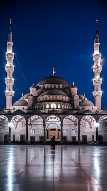 The beautiful serene mosque at night in the blessed month of ramadan the illuminated