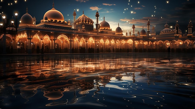 The beautiful serene mosque at night in the blessed month of ramadan the illuminated