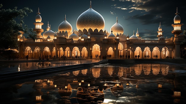 The beautiful serene mosque at night in the blessed month of ramadan the illuminated