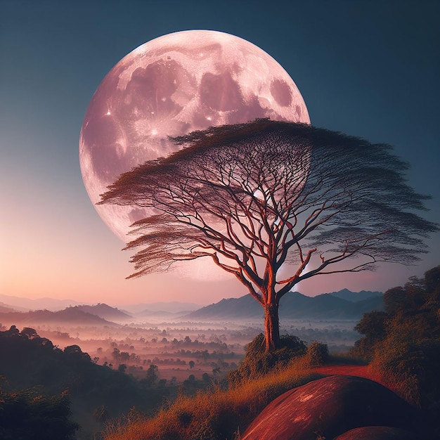 A beautiful serene scene of a tree with a full moon rising over it creates a captivating view