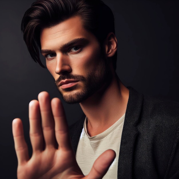 A beautiful serious man saying stop showing his palm to the camera on solid black background ai