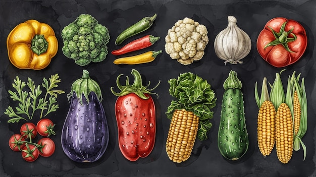 Photo a beautiful set of watercolor vegetable food illustrations including eggplant corn broccoli zucchini tomato chili and potatoes