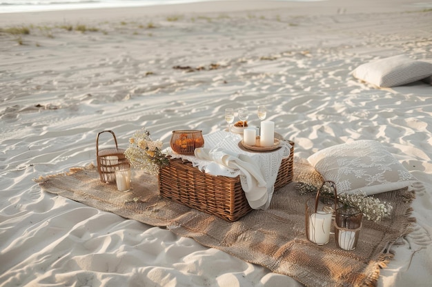 Photo beautiful setting for a romantic picnic at the beach beautiful setting for a romantic picnic at the