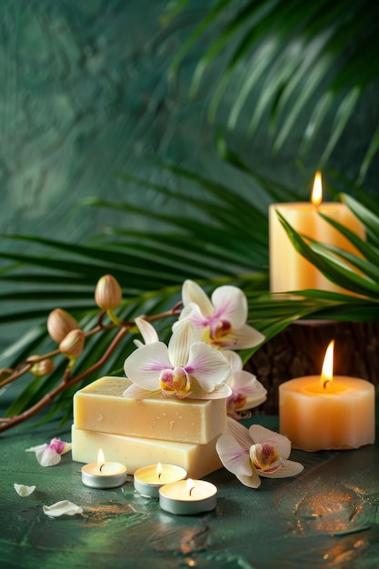 Beautiful setup of orchid flowers and soap bars with candles for cosmetics face wash natural spa