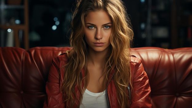 Beautiful sexy blonde girl in a red shirt sits on a red sofagenerative ai