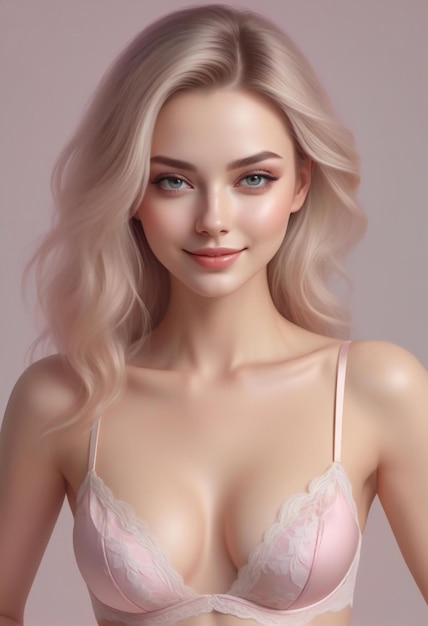 Beautiful sexy blonde girl with long curly hair posing in pink lingerie Studio portrait